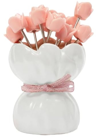 Tenedores Para Fruta Con Forma De Rosa 12 Uds. Tenedores de fruta en forma rosa con soporte for jarrón cerámica, juego vajilla elegante selecciones postre, for fiesta, hora del té(Pink)