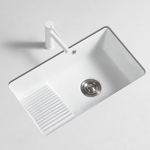 Lavabo de Salle de Bain/évier de Cuisine à cuve Unique en céramique encastré sous Plan avec évier intégré et Robinet extractible Grande capacité Convient pour balcons comptoirs de Bar buanderies Bars
