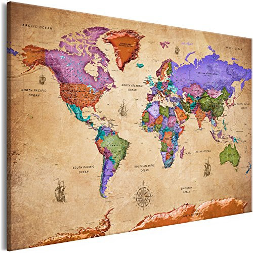 murando Weltkarte Pinnwand & Vlies Leinwand Bild 120x80 cm XXL Bilder mit Kork Rückwand 1 Teilig Kunstdruck Korktafel Korkwand Memoboard Pinboard Wandbilder Karte Landkarte Vintage