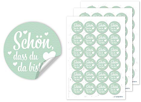 72 Stk. Schön DASS du da bist Sticker Vintage grün Herzen- Aufkleber rund Ø 4cm - Geschenkaufkleber für Hochzeit & Gastgeschenk