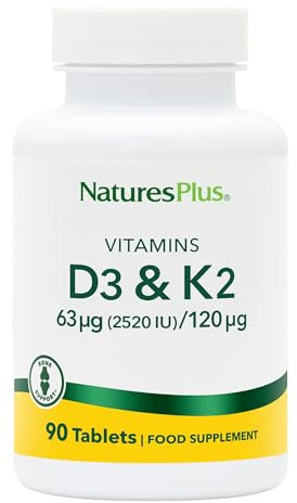NaturesPlus Vitamin D3 2520IU with Vitamin K2 120mg - High Strength Vitamin D and K2 Supplement, Bone and Immune Support - One a Day, Gluten Free, Vegetarian - 90 Tablets