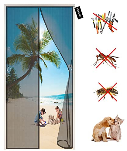 Fliegengitter Tür Insektenschutz-Magnet Fliegenvorhang 80 x 195 cm Automatisches Schließen Kinderleichte Klebemontage Ohne Bohren für Wohnzimmer Balkontür Terrassentür - Schwarz A