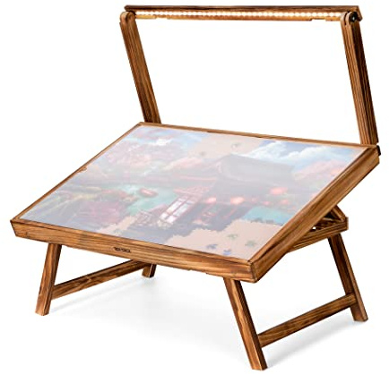 Tektalk Tavolo da puzzle con luce a LED, tavolo da puzzle con gambe pieghevoli e coperchio, vassoio in legno con 5 angoli regolabili, per riporre puzzle, fino a 1000 pezzi