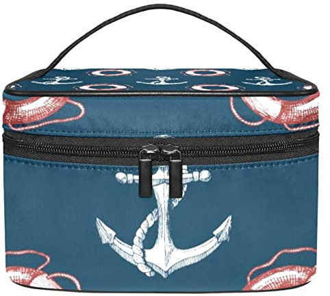 White Ship Anchor Lifebuoy Navy Makeup Organizer Bag, Travel Makeup Bag Organizer Case Portable Cosmetic Bag for Women and Girls Toiletries