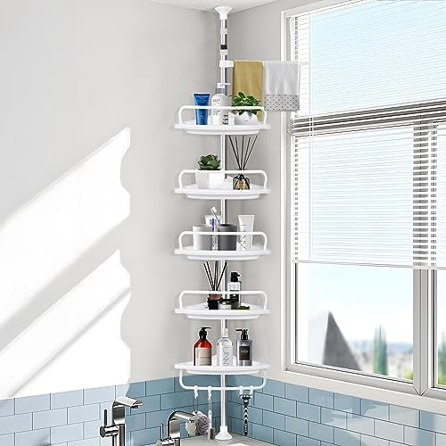 MOYKSRR Blanco Estanteria Baño, Repisa de Ducha Regulable en Altura 100-310 cm, sin Taladro con Barra Telescópica, Telescópica Estanteria Ducha con 5 Cestas y 1 Toallero y 4 Ganchos
