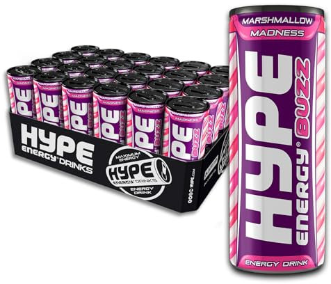 Hype Energy BUZZ MarshMallow Madness Energy Drink - 24x250ml | Caffeine Content, Taurine & 5 x B-Vitamins | Vegan, Gluten Free | Power Up & Fuel Your Day with berrylicious marshmallow
