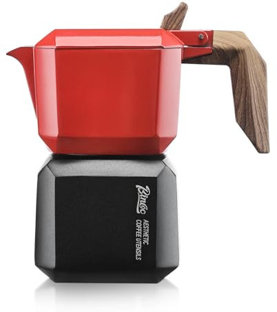 Bincoo Stovetop - Caffettiera per caffè espresso da 120 ml, per piano cottura a gas o elettrico in ceramica, caffettiera italiana per cappuccino o latte, caffè italiano e cubano, 2 tazze, rosso-nero