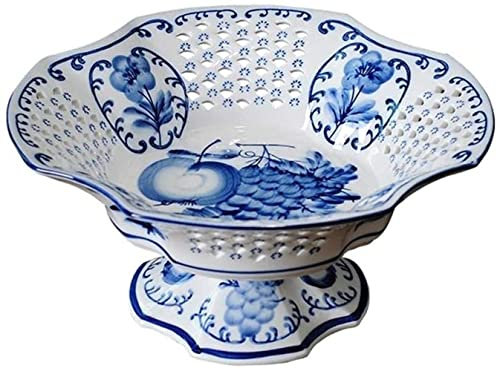 OQHAIR Stand de Fruits Bol à Fruits en Porcelaine Bleue et Blanche Décoration de Table Basse Creuse à Haute Altitude Assiette de Fruits Plateau à collations (Taille : M) (S)
