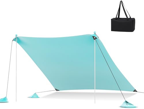 SPOTRAVEL 3 x 3m Beach Tent Sun Shelter, 4-8 People UPF50+ Beach Sunshade with 2 Poles, 4 Sandbags, Ground Pegs & Carry Bag, Outdoor Portable Beach Canopy Tent for Camping Fishing Picnic (Turquoise)