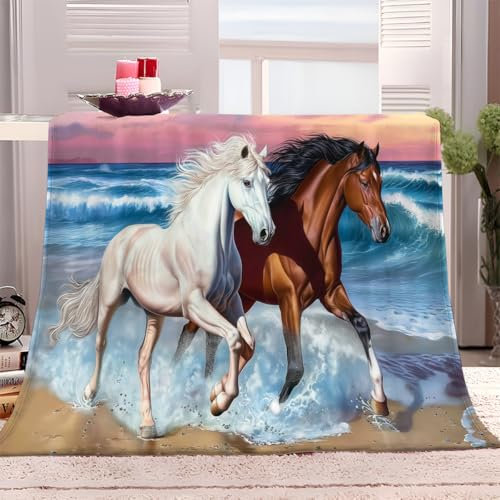 Kuscheldecke Pferd Galoppiert Am Strand 130x150 cm Fleecedecke Flauschige Decke Weich Warme Wolldecke auch als Sofadecke Wohnzimmer überwurfdecke und Tagesdecke
