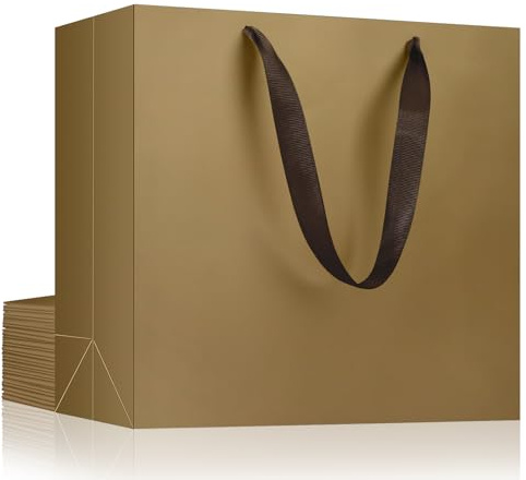 EUSOAR Geschenktüte Braun Gold - 10 Stück 230GSM Tragetaschen - Papiertüten mit Henkel Klein S 22x10x18cm - Gift Bags Braun Gold - Geschenktasche Papier Geburtstagstüten - Kraftpapier Tüten