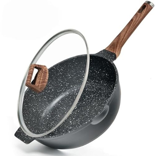 diig Antihaft Bratpfanne mit Deckel, 30cm/5L Wokpfanne Granitbeschichtung Kochpfanne Aluminiumguss Flachpfanne Sauteuse Für alle Herdarten inklusive Induktion, Schwarz