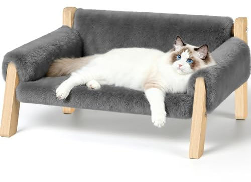 FAMIDGE Elevated Cat Couch Bed for Indoor Cats - Wooden Pet Sofa with Removable Washable Thick Cover Raised Kitty Lounge Chair Suitable for Puppy or Small Animals(Cat Sofa Light-Grey)