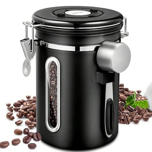 shoxil Lata de café hermética – Recipiente para granos de café de 1,8 l para granos y café molido, lata de café al vacío con contador de fecha y cuchara de acero inoxidable