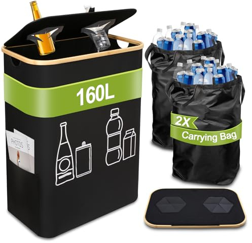 Jukibole Pfandflaschen Sammelbehälter 160L - Pfandflaschen Behälter mit Deckel & 2 Tragetasche, Faltbar Flaschensammler Leergut 2 Fächer, Pfandflaschen Organizer für Küche & Abstellraum (Schwarz)