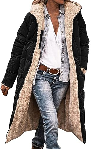 Long Winter Coats for Women UK Cosy Warm Ladies Fleece Jackets Full Zip | Longer Length Long Sleeve Quilted Jacket Womens with Hood Plus Size Outdoor Parka Coat Waterproof Double Faced Down Jacket