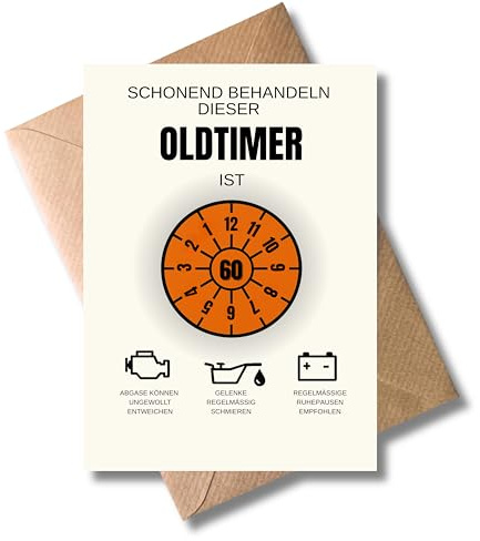 WBdesignz Humorvolle Geburtstagskarte „Schonend behandeln dieser Oldtimer ist 60“ mit Umschlag - Lustige Karte mit TÜV-Plakette, für Männer, Auto Liebhaber zum sechzigsten Geburtstag (DIN A6)