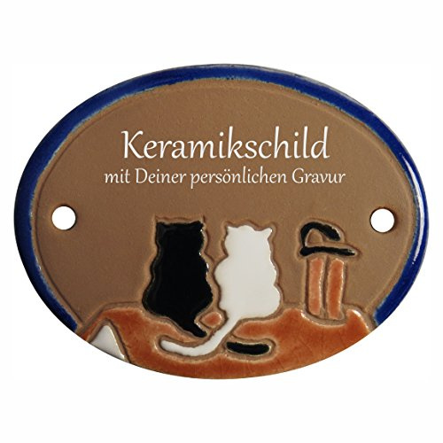 Handarbeit aus Schleswig-Holstein Keramikschild 8,5 x 6,5 cm - Motiv: Zwei Katzen auf dem Dach