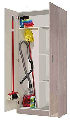 HABITMOBEL Armario Escobero Multiusos Cocina o Garaje, 4 Ganchos Colgador IncluidSo, 37cm Fondo Color Natural - Roble
