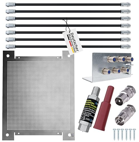 maxx.onLine Lochblech Montageplatte SET für Kabel TV Antennenverstärker, Sat- / Kabel Verteiler inkl. 35cm FLEX F-Stecker Verbindungskabel, Kabel-TV Überspannungsschutz, Erdungswinkel, 6 Teilnehmer