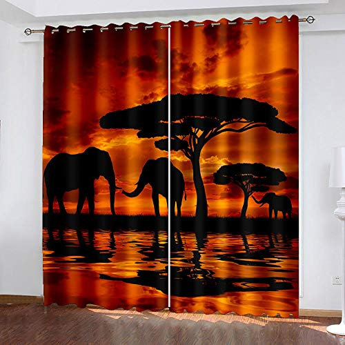 XDJQZX Schlafzimmer Vorhang Verdunkelung 280X260 cm 2Er Set 3D Sonnenuntergang Elefant Muster Gardinen Blickdicht Mit Ösen, Thermo Vorhänge Für Kinderzimmer Wohnzimmer Fensterdekoration