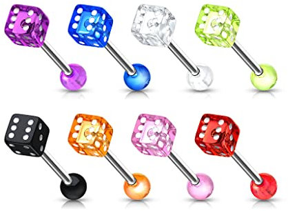 Paula & Fritz® Zungenpiercing Chirurgenstahl Acryl Würfel 16mm Stablänge 1,6mm Stabdicke Mehrfarbig 8er Set Barbell Piercing Stab