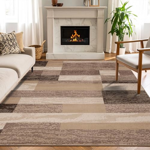 Superior Indoor Area Rug, Jute Backed, Modern Geometric Patchwork Floor Decor for Bedroom, Office, Living Room, Entryway, Hardwood Floors, Rockwood Collection, 7' x 9', Beige
