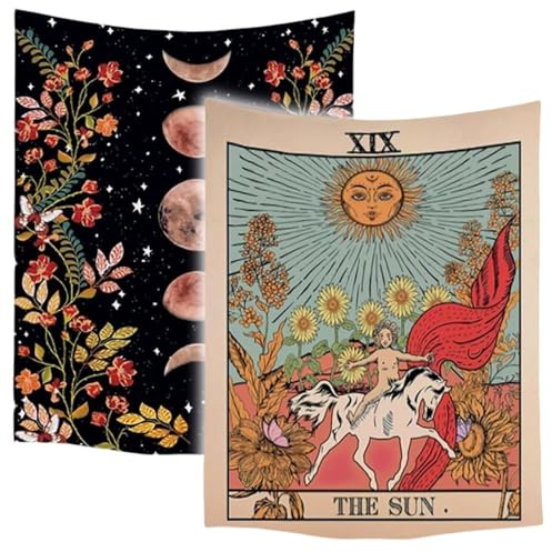 Ulticool – Tapiz Decoración para el hogar – Sol Naturaleza Flores Tarot Horóscopo Retro – Juego de 2 motivos – 73 x 95 cm – Toalla de pared – Accesorios para sala de estar habitación infantil
