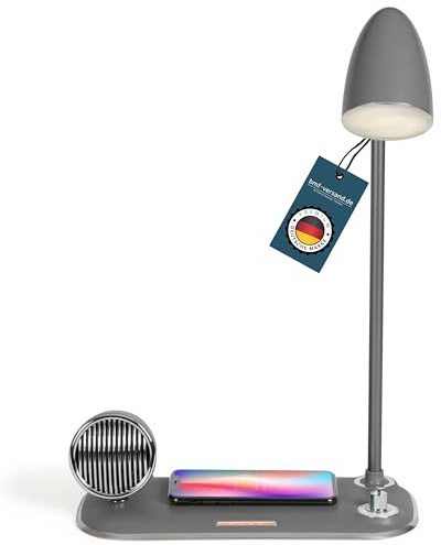 bmf-versand Nachttischlampe LED Dimmbar in Grau mit Induktion Ladefunktion und Bluetooth Lautsprecher - Kabelloses Ladegerät Qi Ladestation mit Licht - Wireless Charger Drahtloses Schnellladen