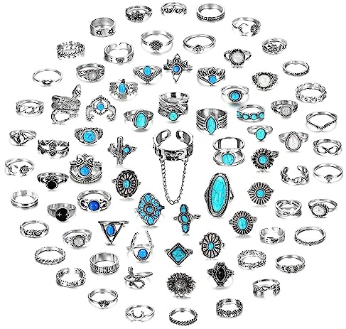 Kakonia 75 Stück Vintage Türkis Ringe für Frauen - Silber Knöchel Bohemian Oval Edelstein Western Stackable Joint Finger Midi Stacking Set