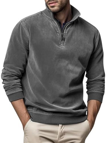 Pullover Herren Lange Ärmel Sweatshirts Rollkragen Mit Reißverschluss Pulli Hoodie Fall Winter Tops Tshirt Wärme Hemd Langarm Langarmshirt Retro Sweater Freizeit Oberteils Sweatjacke (Dunkelgrau,L)