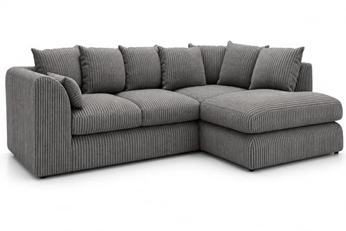Gamzo Outlet Corner Sofa Right Hand Facing 4 Seater | Jumbo Cord L Shaped Sofa with Deep Filled Scatter Back Cushions | Soft Fabric Couch for Living Room – Grey