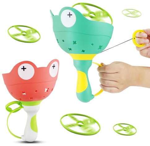 Cragmut 2 Piezas Flying Disc Launcher para Niños, Juguetes de Hélice de Rana para Niños con 12 Discos Juguete al Aire Libre para Niños para Niños a de 3, 4, 5, 6 Años