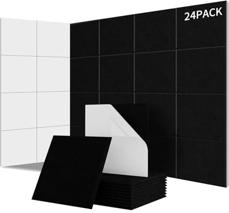 Sonuvia Lot de 24 panneaux acoustiques carrés autocollants I Isolation phonique efficace Couverture 2.16㎡ haute densité (230kg/m³) NRC 0.95 –Pour murs et portes,salle de jeux, Noir