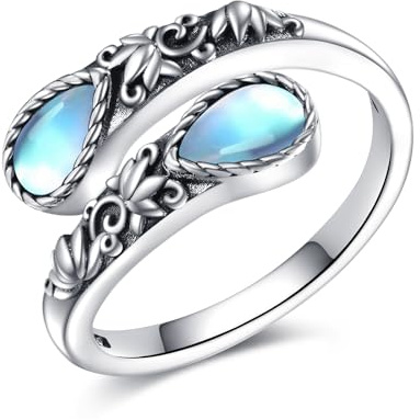 CUPENDA Moonstone Ring Sterling Silver Just Breathe Spoon Ring Lotus Flower Victorian Jewellery for Women