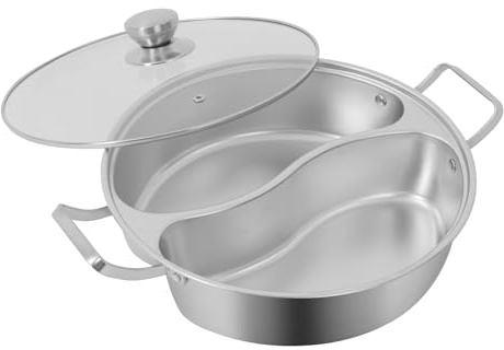 OCASAMI Double-Flavor Hot Pot for 6-8 Persons, Stainless Steel Hot Pot with Divider and Clear Lid for Gas Hob, Induction Hob, Electric Ceramic Hob (32CM)