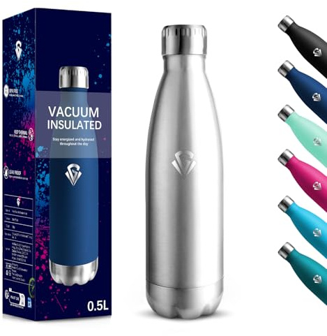 Gourde 500 ml sans BPA - En acier inoxydable 18/8 - Double paroi isolée sous vide - Anti-fuite - Pour l'école, les voyages, le jogging, le camping - Couleur véritable