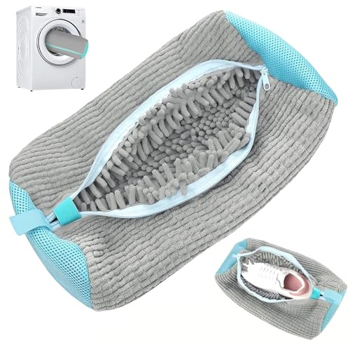 Shoe Washing Machine Bag, Laundry Shoe Bag for Washer & Dryer, Elongated Thicken Microfiber Fluff, Shoe Cleaning Bag for All Shoes (Pewter Grey)