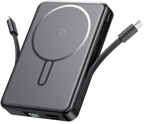 PDBEST Magnetic Power Bank with Built in Cables, 10000mAh Portable Charger Fast Charging, 22.5 W Wireless Charger with LED Display, Compatible with iPhone 17/16/15/14/13/12, Android Black