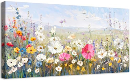 Grande Stampa su tela con Cornice Fiori Selvatici Colorati Pittura Campo Fiorito con Erba Quadri su tela Cielo Blu e Nuvole Bianche Quadri Moderni Stampe da Parete Soggiorno Camera da Letto 50x100cm