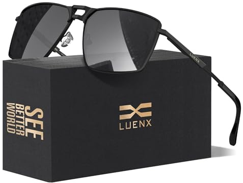 LUENX Square Aviator Polarized Sunglasses Men Retro Rectangular Black Lens Black Metal Frame With Accessories 59MM