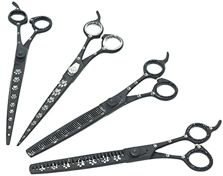 Professionelle Fellschere für Hunde, gerade, gebogen, Effilierschere und Chunker Schere mit Pfotenabdrücken für Hunde, Katzen und Haustiere (Rechtshänder, Schwarz, Edelstahl, 20,3 cm)