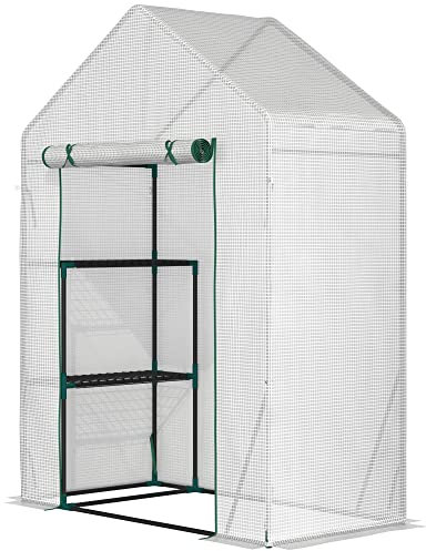 Outsunny Serra da Giardino in Acciaio e Copertura PE, Serra per Piante con 2 Scaffali e Porta Avvolgibile, 143x73x195cm, Bianco