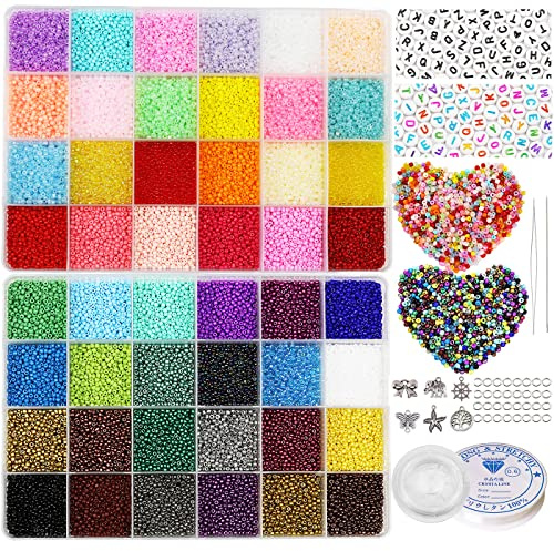 38 500 st 2 mm glasfröpärlor för smyckestillverkning, kit, 260 st alfabet bokstavspärlor, små pärlor set för armband, tillverkning av gör-det-själv konst och hantverk med rullar av elastisk snöre,