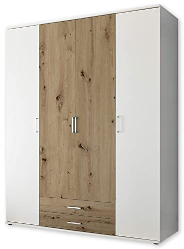 MARBURG Kleiderschrank in Weiß, Artisan Eiche Optik - Vielseitiger Drehtürenschrank 4-türig für Ihr Schlafzimmer - 160 x 196 x 54 cm (B/H/T)