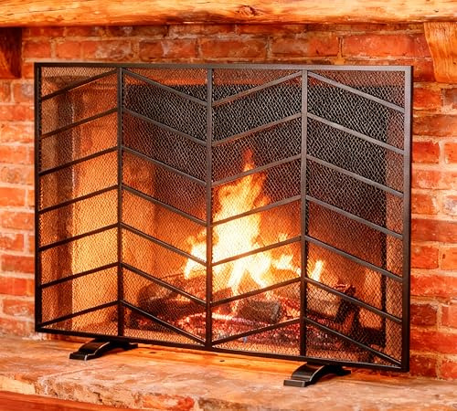 Fire Beauty Single Panel Handcrafted Wrought Iron Mesh Chevron Fireplace Screen, Fire Spark Guard for Living Room, Bedroom Decor(Black)