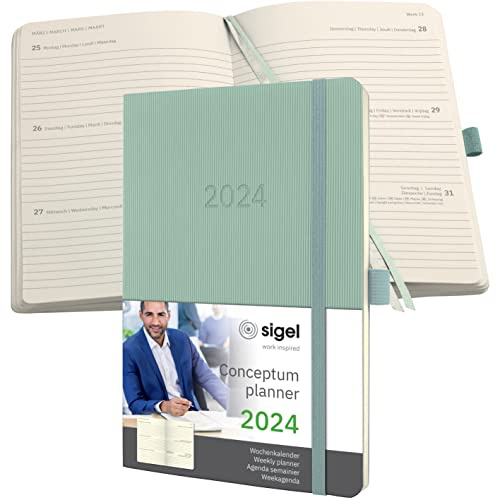 SIGEL C2438 Terminplaner Wochenkalender 2024, ca. A5, grün, Softcover, 192 Seiten, Gummiband, Stiftschlaufe, Archivtasche, PEFC-zertifiziert, Conceptum