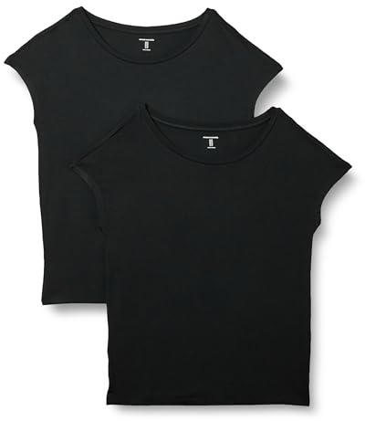 Amazon Essentials T-Shirt en Jersey à Manches Courtes, Encolure Bateau, Coupe Classique Femme, Lot de 2, Noir, M