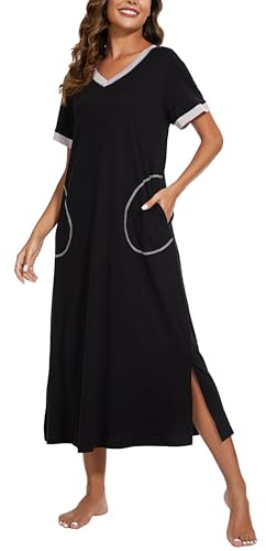 Jezonga Women's Nightdresses Long Nightgowns Nightwear Short Sleeve Loungewear Nighties Nightshirts Sleep Dress with Pockets S-XXL（Style A-Black，XXL）