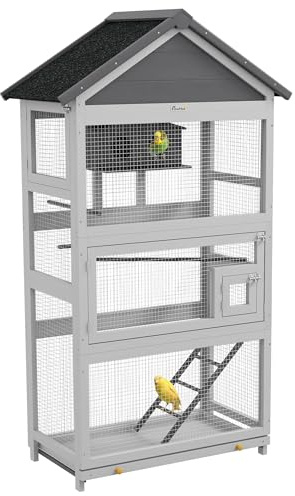 PawHut Wooden Bird Aviary, 67 Outdoor Bird Cage with Slide-Out Tray, Three Doors, Birdhouse, Ladder, Perches for Finches, Parakeets, Gray